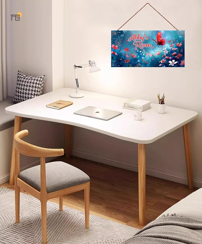 Personalized Sign Red Butterfly Sign Flower Art Décor For Kids Room Custom Name Door Wall Decor, Floral Nursery Art Plate For Girls Room Baby Boys Bedroom