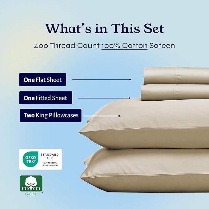 California Design Den California King Sheet Sets - Soft 400 Thread Count Sateen, 100% Cotton Bed Sheets with Deep Pockets, Breathable, Cooling and Durable Bedding Set - Beige (Golden Tone)