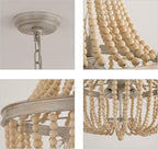 Q&S Farmhouse Wood Beaded Chandelier,Oak White 8-Lights Retro Vintage Antique Rustic Boho Pendant Light Fixture for Foyer Living Room Bedroom Kitchen Dining Room Office Nursery UL Listed