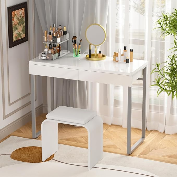 GreenForest Vanity Desk with 2 Drawers,47 inch White Desk with Glossy Desktop Easy Clean,Makeup Dressing Table with Metal Silver Legs for Home Office Small Spaces,Bedroom