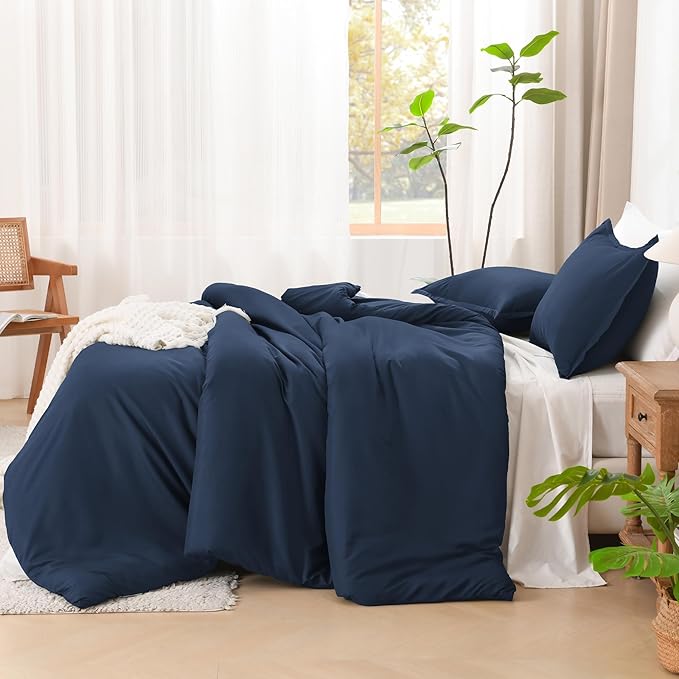 Litanika Navy Blue Comforters Oversized King Size, 3 Pieces Lightweight Solid Bedding Comforter Set, All Season Fluffy Bed Set (120x98In Comforter & 2 Pillowcases)