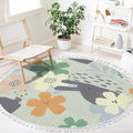 Round Rugs Floral Cute White Bunnies Hand Drawn Boho Area Rug Linen and Cotton Carpet Meditation Rug Washable Hallway Runner Mat Accent Rug for Bedroom Bathroom 4ft