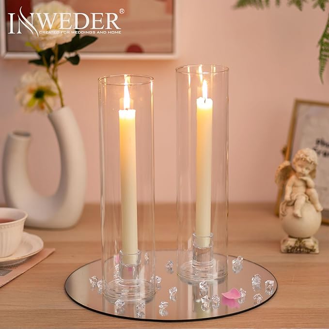 Glass Hurricane Candle Holder: 11.8" Tall Candlestick Holder with Cylinder Windproof Cover Clear Taper Candle Holders for Wedding Party Birthday Christmas Home Decor Set of 2