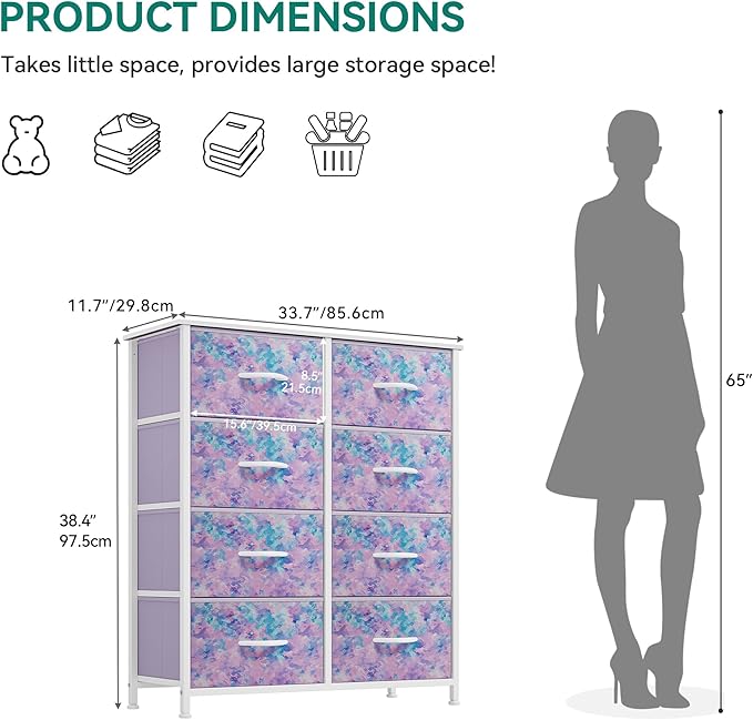 YITAHOME Fabric Dresser Drawer, Tall Storage Dresser with 8 Drawers, Chest of Drawers, Storage Drawer Organizer for Closet, Living Room, Closets (Tie-dye Purple)