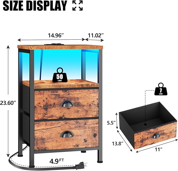 Furologee Nightstand with Charging Station, End Table with LED Lights, Bedside Table with USB Ports & Outlets, Night Stands with 2 Drawers, for Living Room/Bedroom