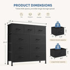 DUMOS 9 Drawer Dresser for Bedroom, Fabric Storage Organizer with Sturdy Metal Frame, Wooden Top Chest of Drawers for Closet Nursery Entryway Guest Room,Matte Black