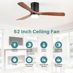 Sofucor 52 Inch Smart Ceiling Fans with Lights-Flush Mount Low Profile Modern Outdoor Solid Wood Ceiling Fans with Alexa/Google Assistant/APP/Remote Control for Bedroom/Farmhouse/Patio, Brown Black