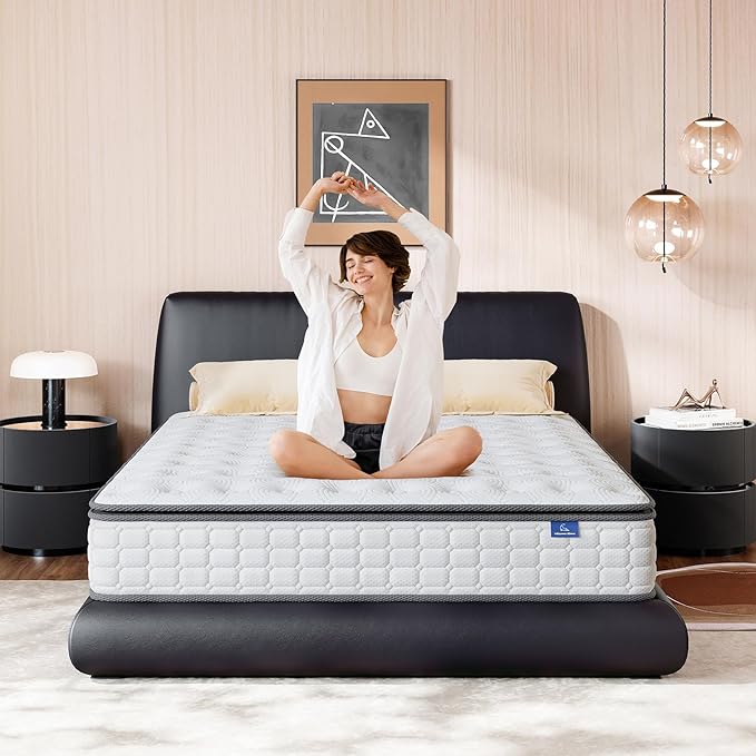 Vesgantti Queen Mattresses 12 Inch Hybrid Pillow Top Queen Size Mattress in a Box, Memory Foam and Pocket Coil Innerspring Mattresses, Cooling & Silent Sleep, Pressure Relief, Medium Feel