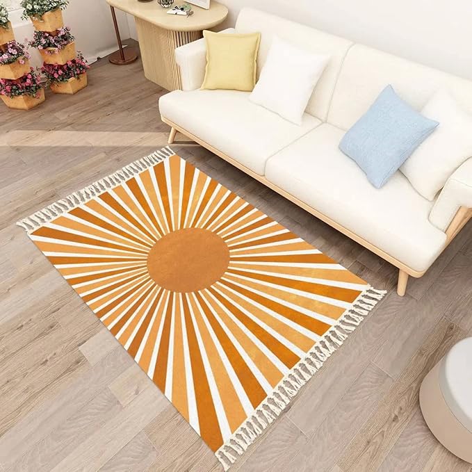 Boho Rug Scandinavian Nursery Rainbow Sun Print for Playroom with Neutral Area Carpet Non-Slip Throw Rugs Mat Pad Minimalist Home Decor for Living Room Bedroom Entryway Dining Room Office 4'x6'