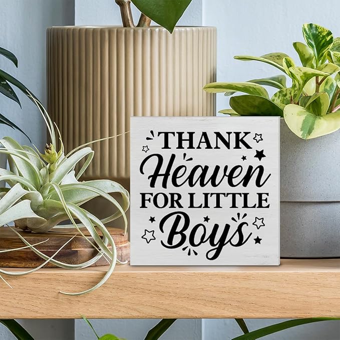 Baby Boy Nursery Decorative Wooden Box Sign Thank Heaven for Little Boys Wood Block Plaque Decor Farmhouse Home Nursery Shelf or Wall Display 5x5 Inches