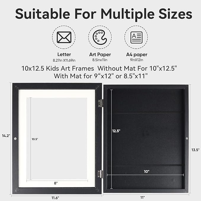 2-Pack Changeable Kids Art Frames - Front Opening, Holds 150, 10x12.5,Child Artwork Frame With Storage For Display Children's art work (Black)
