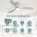 Sofucor 52 Inch Smart Ceiling Fans with Lights-Flush Mount Low Profile Modern Outdoor Solid Wood Ceiling Fans with Alexa/Google Assistant/APP/Remote Control for Bedroom/Farmhouse/Patio, Silver Grey