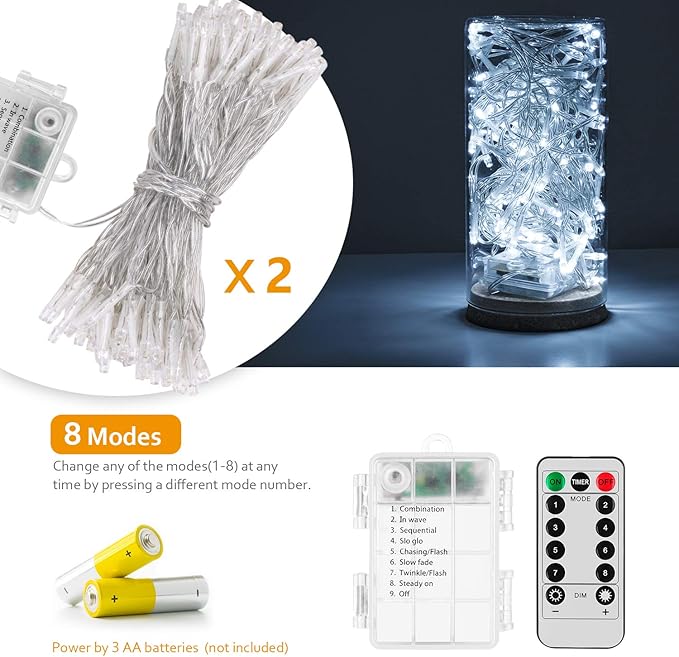 2 Pack 36ft 100 LED Battery Operated String Lights with Remote Timer Waterproof 8 Modes String Lights for Bedroom, Garden, Easter, Party, Christmas Indoor and Outdoor Decorations -Cool White