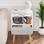 LUCKNOCK White Night Stand with Drawer, Mid Century Modern Bedside Table, Sturdy Wood Nightstand with Open Storage Shelf, Small Bedside Table for Bedroom, Kids Room & Small Spaces.