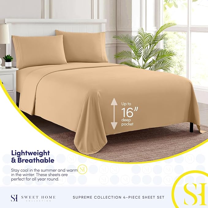King Size Sheets - Breathable Luxury Bed Sheets with Full Elastic & Secure Corner Straps Built In - 1800 Supreme Collection Extra Soft Deep Pocket Bedding Set, Sheet Set, King, Camel