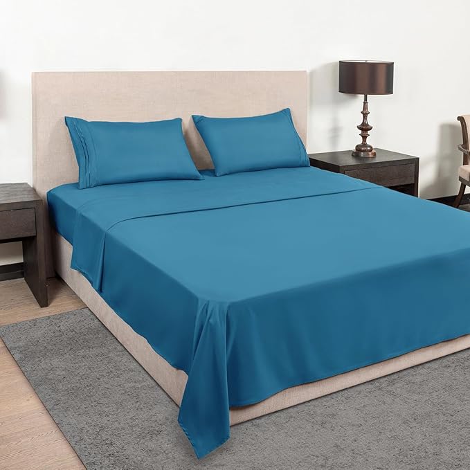 Mejoroom King Size Bed Sheet Set - Hotel Luxury 1800 Bedding Sheets & Pillowcases - 16" Deep Pocket Fitted Sheet, Soft, Breathable, Wrinkle & Fade Resistant - 4 Piece(King,Peacock Blue)