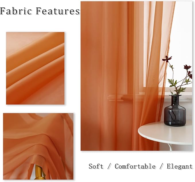 DUALIFE Burnt Orange Sheer Curtains 96 Inch Length for Bedroom 2 Panels Elegant Terracotta Grommet Top Drapes Sheer Curtain Panels for Living Room 52x96 Inches 8 FT Rust Red