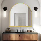 FICTOR Bathroom Vanity Mirror for Wall,32”x30” Arched Metal Framed Bathroom Mirror for Over Sink,Entryway,Living Room,Bedroom(Gold)