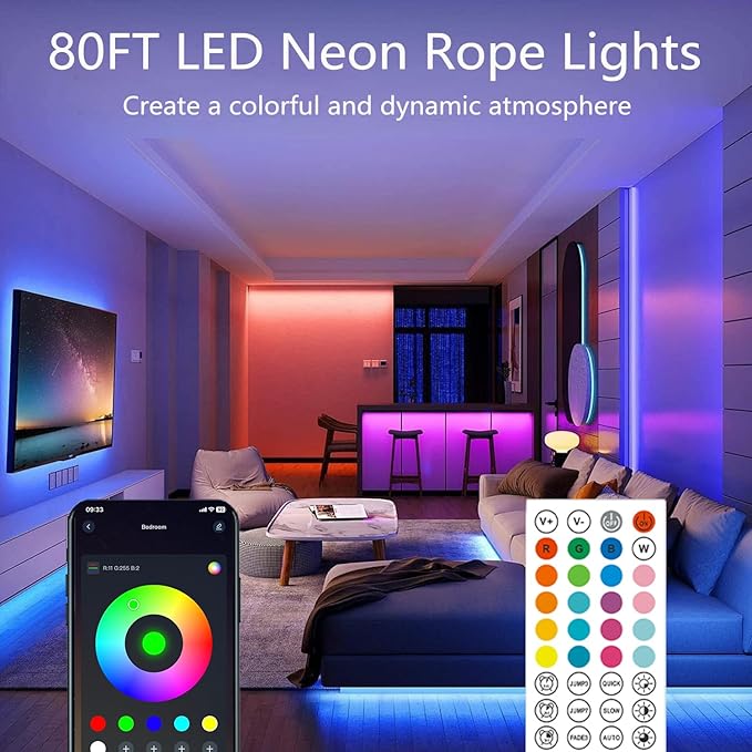 80FT (2 Rolls 40FT) Neon Rope Lights,Flexible Led Rope Lights Control with App/Remote,Multiple Modes Rope Lights,IP67 Outdoor Waterproof,Music Sync Light Strip for Bedroom