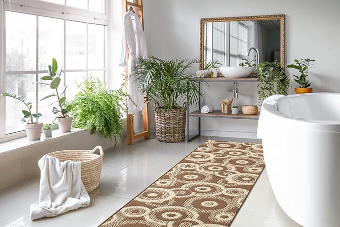 Custom Length Cut to Size Modern Farmhouse Carpet Runner Rug for Hallways, Non Slip Rubber Backed, 31 inch Wide X Customized Length, Geo Brown, 31 inch X 9 feet