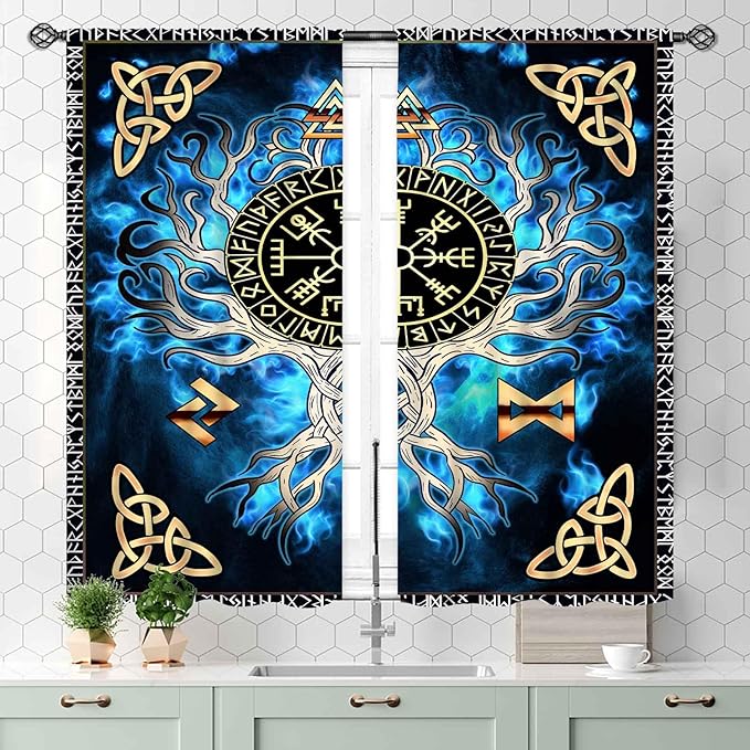 Tree of Life Curtains, Vikings Celtic Nordic Life Tree Scandinavian Aesthetic Mythology Blue Window Drapery Treatments for Bedroom Living Room Bathroom 2 Panels, 55x39 Inch
