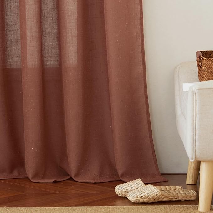 RYB HOME Natural Linen Curtains 72 inch Length, Thick Heavy Textured Breathable Privacy Assured Wrinkle Resistance Boho for Dining Room Laundry Room, W 52 x L 72 inches, Terracotta, 2 Panels