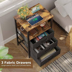 Seventable Nightstand with Charging Station and LED Light, Set of 2 Side Table with 3 Fabric Drawers, Bedside End Table with USB Ports and Outlets, Night Stand for Bedroom, Rustic Brown