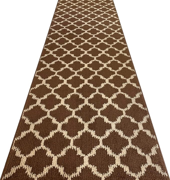 Custom Size Cut to Length Moroccan Trellis Design Runner Rug Mat For Wide Long Hallways with Non-Slip Rubber Backing, Better Traction for Pets, Prevent Slippage, Trellis Brown, 31 inch X 5 feet