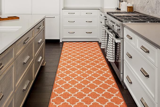 Custom Size Moroccan Trellis Runner Rug Mat for Wide Hallway Entryway Kitchen Laundry Room with Slip Resistant Latex Rubber Backing, Trellis Orange, 31 inch X 8 feet