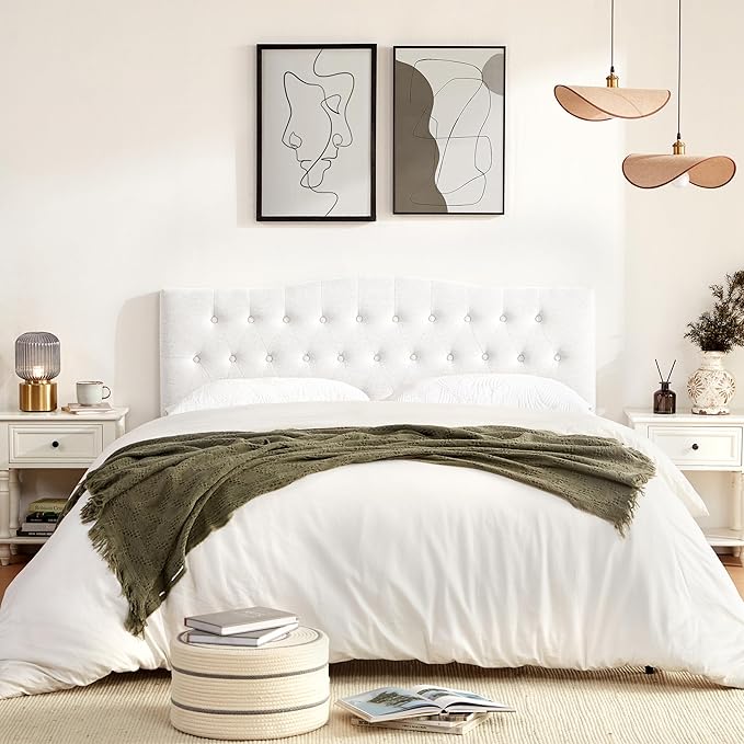 Tufted Upholstered Headboard Queen Size, Sturdy & Durable Solid Wood Bed headboard, Fabric Headboard Adjustable Height from 37” to 51”, Modern Button Diamond Design Head Board, White