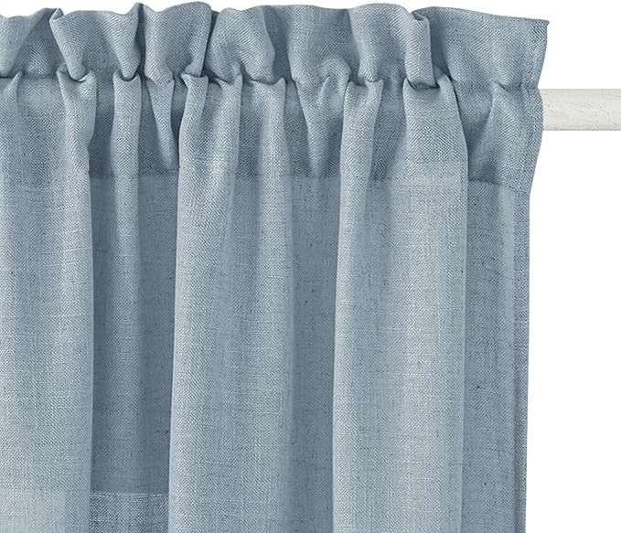 RYB HOME Flax Linen Blend Curtains for Closet Kitchen, Semi Translucent Privacy Protection Light Filtering Decorative Short Small Window Drapes for Bedroom, W 52 x L 36 inches, Dusty Blue, 2 Panels