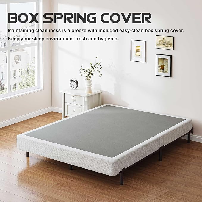 ZIYOO Box Spring Queen and Cover Set, 9 Inch High Profile Easy Assembly Mattress Foundation with Easy Clean Bed Skirt/Heavy Duty Metal Steel Structure/Quiet Noise-Free