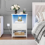 Fixwal Night Stand with Charging Station, LED Nightstand with Fabric Drawers, End Table with PU Finish, Bed Side Table, White