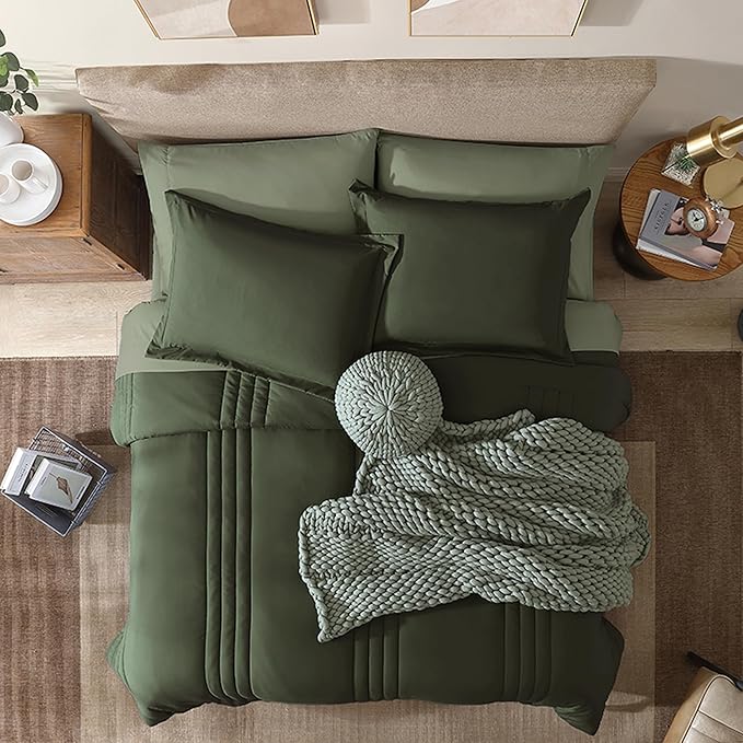 Monbix Twin XL Size Comforter Set - Extra Long 5 Pieces Dorm Bedding Sets, Quilting Design Fluffy Bed in a Bag Twin XL with Sheets, Pillowcase & Sham(Olive Green)