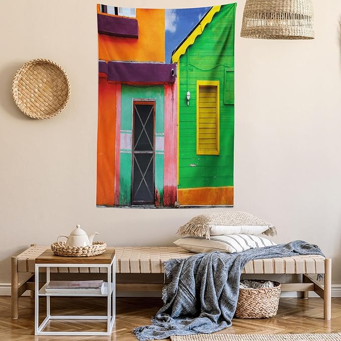 Lunarable Mexican Tapestry Twin Size, Caribbean Houses in Vibrant Color Scheme in Isla Mujeres Mexico Latin America Photo, Wall Hanging Bedspread Bed Cover Wall Decor, Twin Size, Green Pink