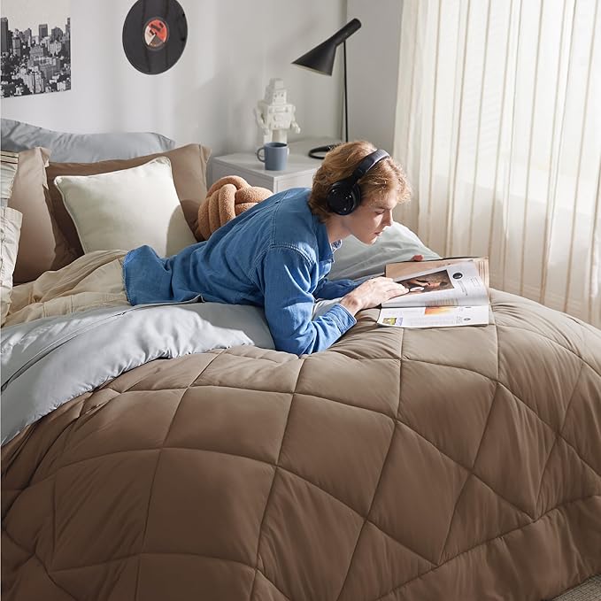 Bedsure Full Size Comforter Set - 7 Pieces Reversible Brown Bedding, Full Size Bed Set for All Seasons, Bed in a Bag with Down Alternative Comforter, Sheets, Pillowcases & Shams
