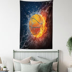 Ambesonne Sports Tapestry, Basketball Ball and Water Splashing Thunder Lightning Themed Design, Wall Hanging for Bedroom Living Room Dorm Decor, 60" X 80", Dark Blue and Burgundy