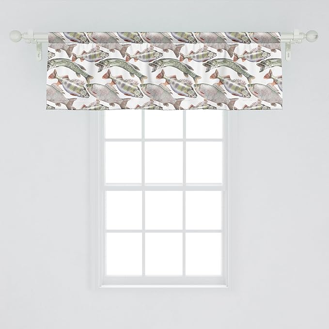 Ambesonne Fishes Window Valance, Watercolor Common Carp Perch and Bass Freshwater Animals Themed Seafood Drawing, Curtain Valance for Kitchen Bedroom Decor with Rod Pocket, 54" X 18", Pale Blue Grey