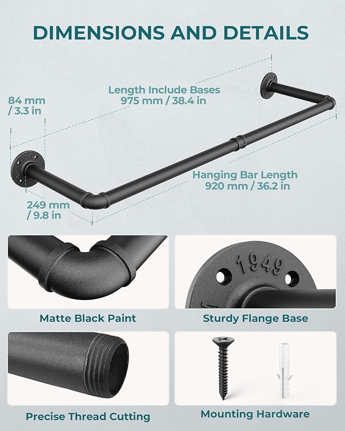 OROPY Industrial Pipe Clothes Rack Wall Mounted Set of 2, 38.4 inches Heavy Duty Iron Pipe Clothing Garment Rail, Multi-Purpose Clothing Hanging Rod for Laundry Room and Closet Storage