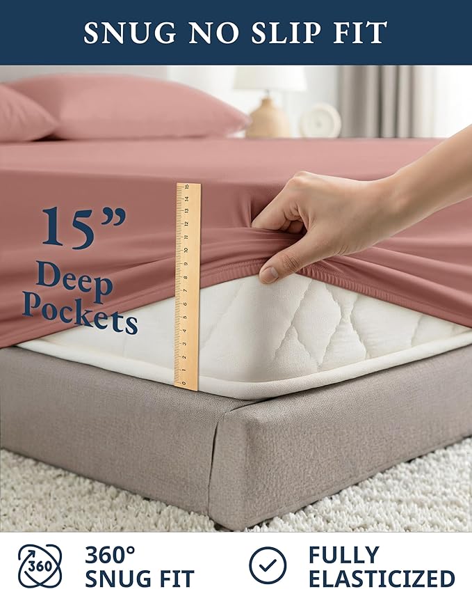 LANE LINEN 100% Organic Cotton California King Sheets Set, 4-Piece Pure Organic Cotton Long Staple Percale Weave Soft Best Bedding Sheets for Bed, Breathable, Fits Mattress Upto 15" Deep - Rose Dawn