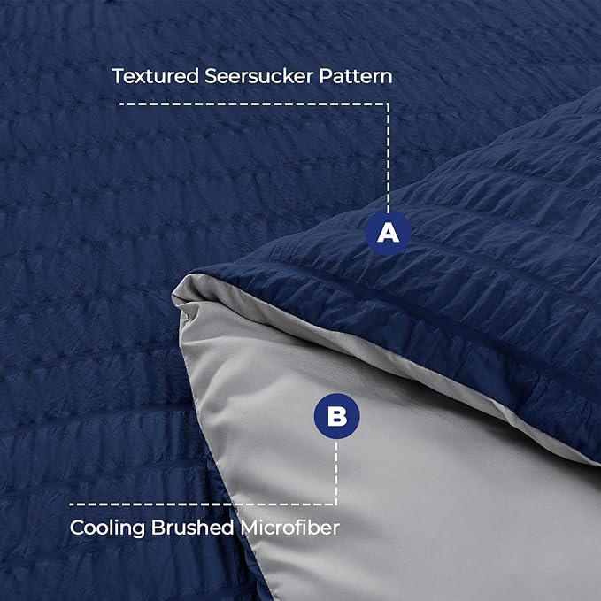 HYMOKEGE Navy Blue/Light Grey Queen Comforter Set Seersucker 7 Pieces, All Season Luxury Bed in a Bag Queen for Bedroom, Bedding Set with Comforter, Sheets, Pillowcases & Shams