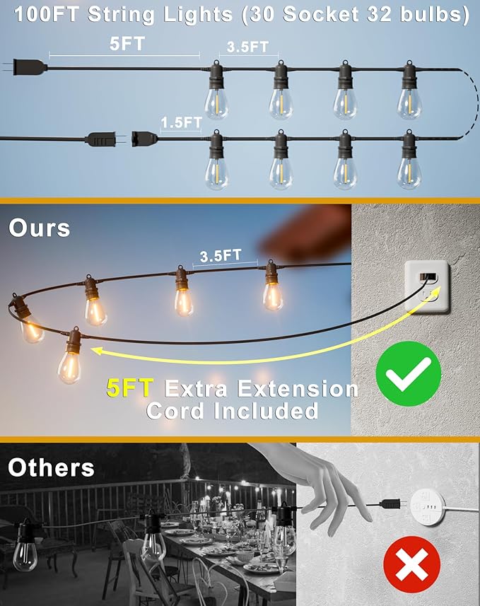 100FT LED Outdoor String Lights with 30 Edison Shatterproof IP65 Waterproof Bulbs, 2700K Dimmable Commercial Grade Patio Lights, Heavy Duty Outside Hanging Light for Garden Porch Deck Decor