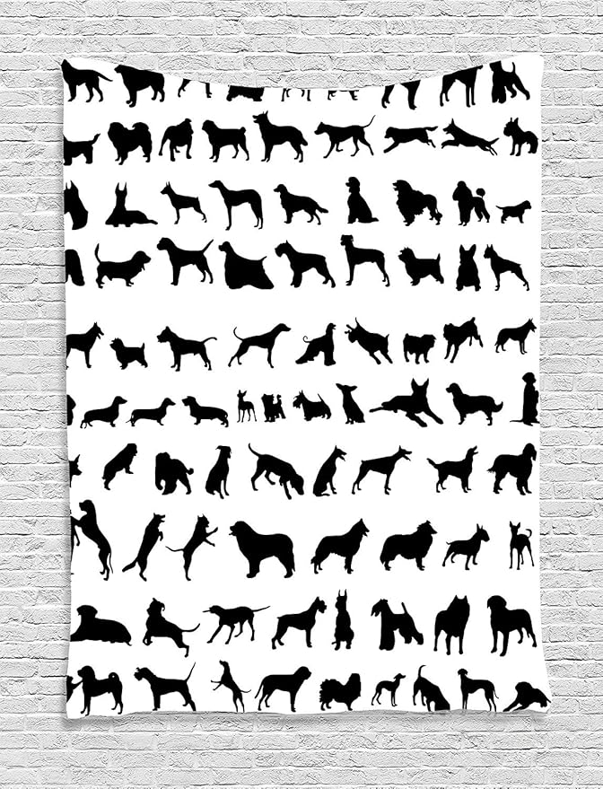 Ambesonne Dog Lover Tapestry, Silhouettes of Different Breeds of Dogs Chow Chow Shepherd Pinscher Spaniel, Wall Hanging for Bedroom Living Room Dorm Decor, 60" X 80", Black White