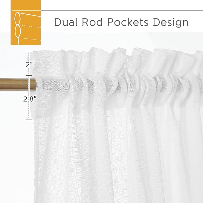 RYB HOME White Curtains 84 inches Long Linen Textured Semi Sheer Curtains Privacy Light Glare Filtering Window Drapes for Living Room Dining Bedroom, White, W 34 x L 84 inches, 2 Panels
