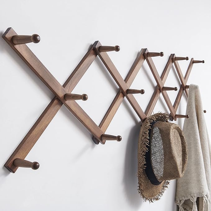 SKOLOO Hat Rack for Wall with 14 Hooks, Pack of 2, Solid Wooden, Modern, Expandable Coat Rack Wall Mount for Coats, Hats, Bags, Baseball Caps, Walnut Color