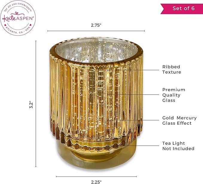 Kate Aspen Vintage Fluted Gold Glass Votive Candle Holders and Tea Lights Candles - Gold Candle Holders Set of 6 for Boho Home Decor, Kitchen Shelf and Bookshelf Decor, Rustic Table Decorations