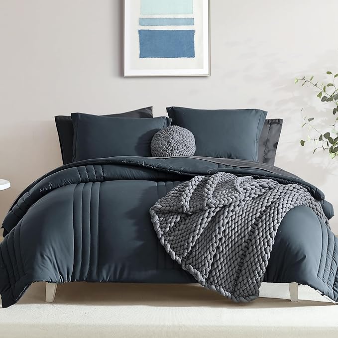 Monbix California King Size Comforter Set - 7 Pieces Bed in a Bag Cal King, Blue Grey Bedding Sets with Comforter, All Seasons Down Alternative Comforter Bed Set with Sheets, Pillowcases & Shams