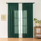 Emerald Green Linen Pinch Pleated Sliding Door Curtains Semi Sheer, 2x50 Inches Width, Hunter Light Filtering Drapes 84 Inches Long, Dark Textured Farmhouse Window Curtain Panels