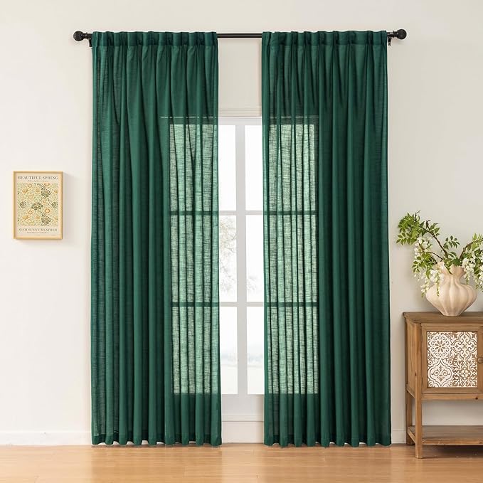 Emerald Green Linen Pinch Pleated Sliding Door Curtains Semi Sheer, 2x50 Inches Width, Hunter Light Filtering Drapes 84 Inches Long, Dark Textured Farmhouse Window Curtain Panels