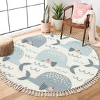 Round Boho Pastel Colours Whale in The Waves Seamless Cute Ocean Creatures Area Rug Linen Carpet Patio Hallway Runner Mat Pad Minimalist Home Decor for Living Room Outdoor
